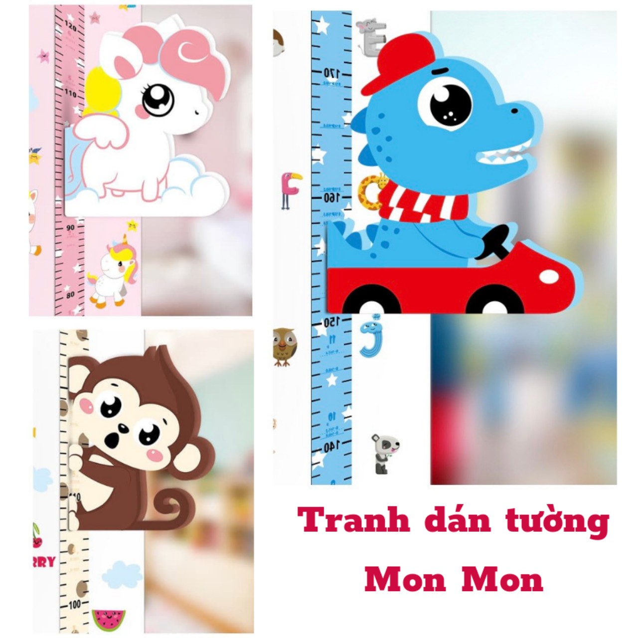Tranh dán tường Mon Mon - Thước đo chiều cao gắn nam châm cho bé hình các con vật ngộ nghĩnh, đo chiều cao có phát nhạc và kèm hình decal trang trí