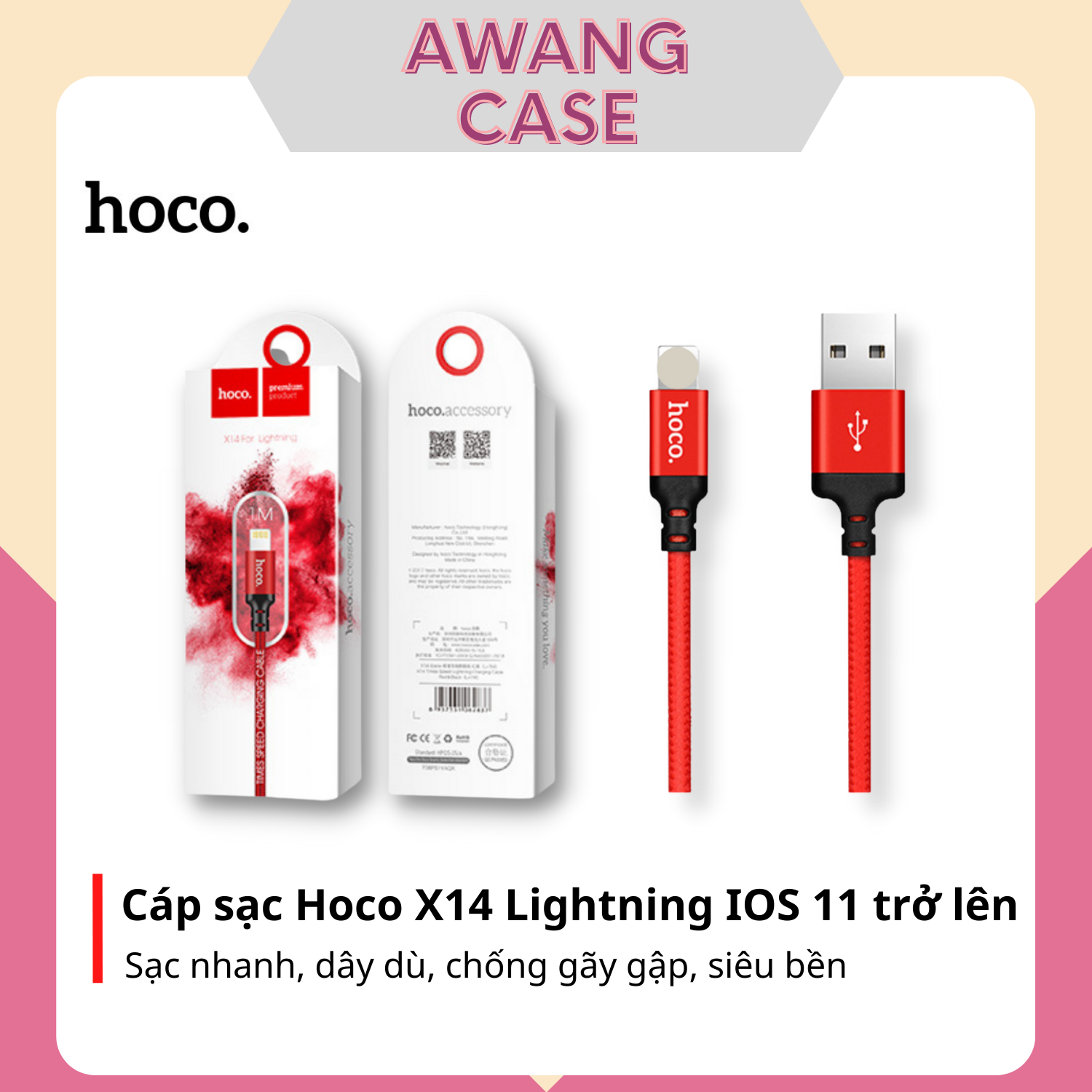 Cáp sạc hoco x14 dây dù chống gãy gập siêu bền