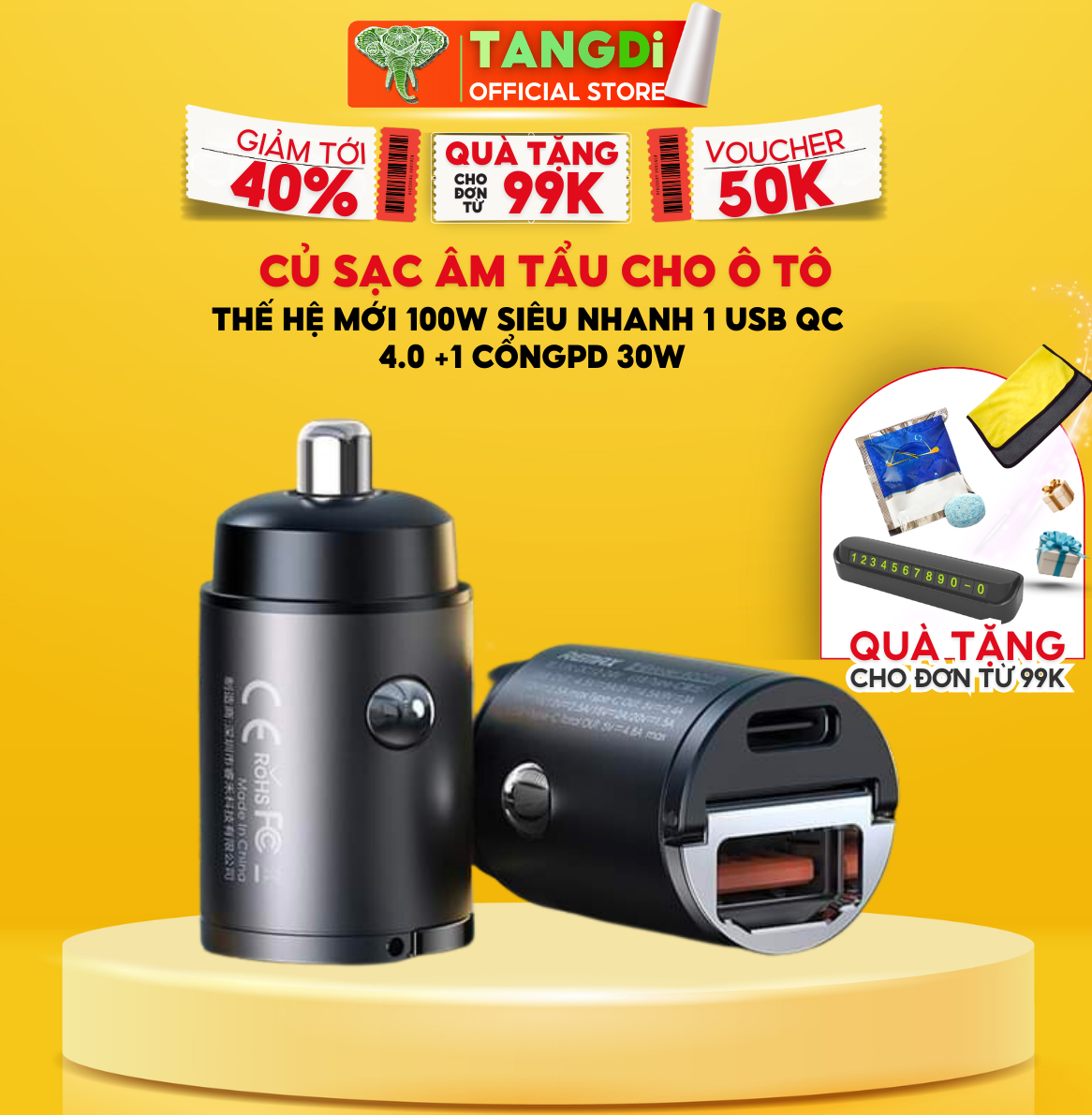 Tẩu sạc âm cho ô tô thế hệ mới 100w - 1 usb qc 4.0 +1 cổng typec tangdi