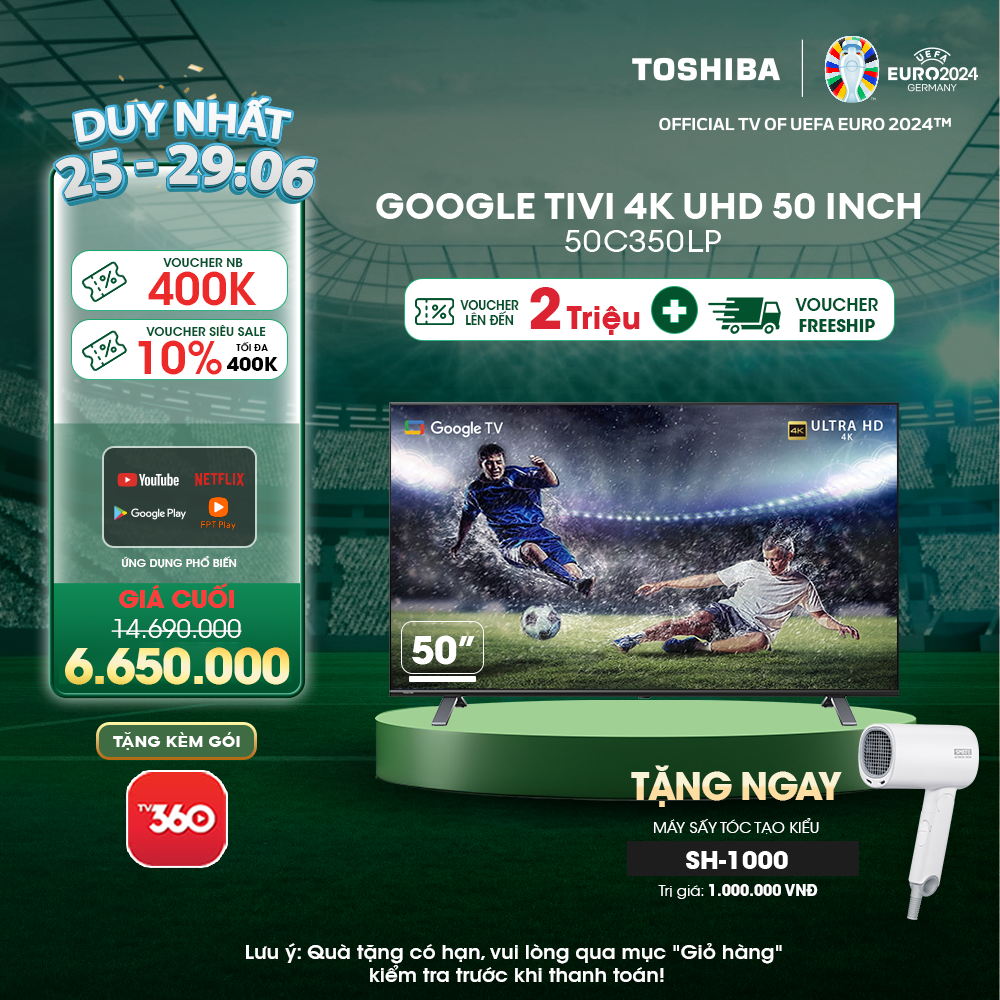 Google Tivi TOSHIBA 50 inch 50C350LP, Smart TV Màn Hình LED 4K UHD - Loa 24W - Miễn Phí Lắp Đặt
