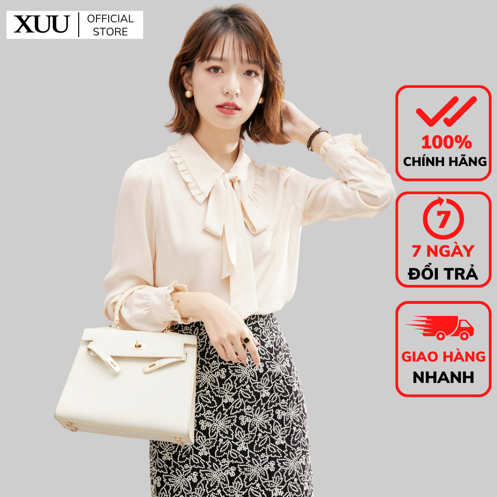 Áo sơ mi nữ thắt nơ xuu design - ảnh thật sơ mi kiểu nữ chất vải đẹp xu03 kem