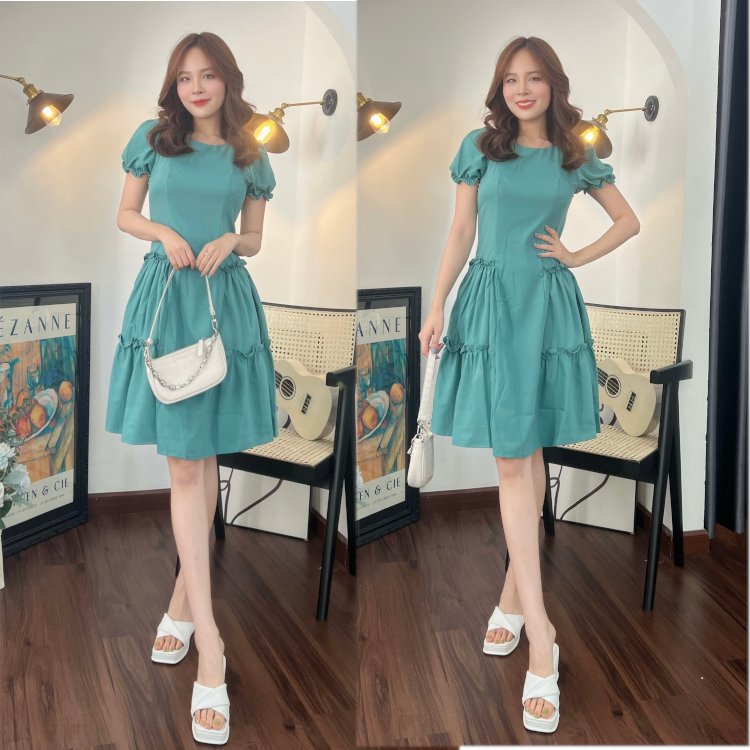 Đầm xòe phối bèo tay phồng bo thun - MS0219