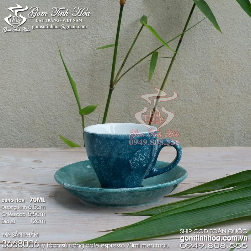 Ly tách cafe espresso 70ml gốm sứ Bát Tràng men vân đá màu xanh Kabe đậm
