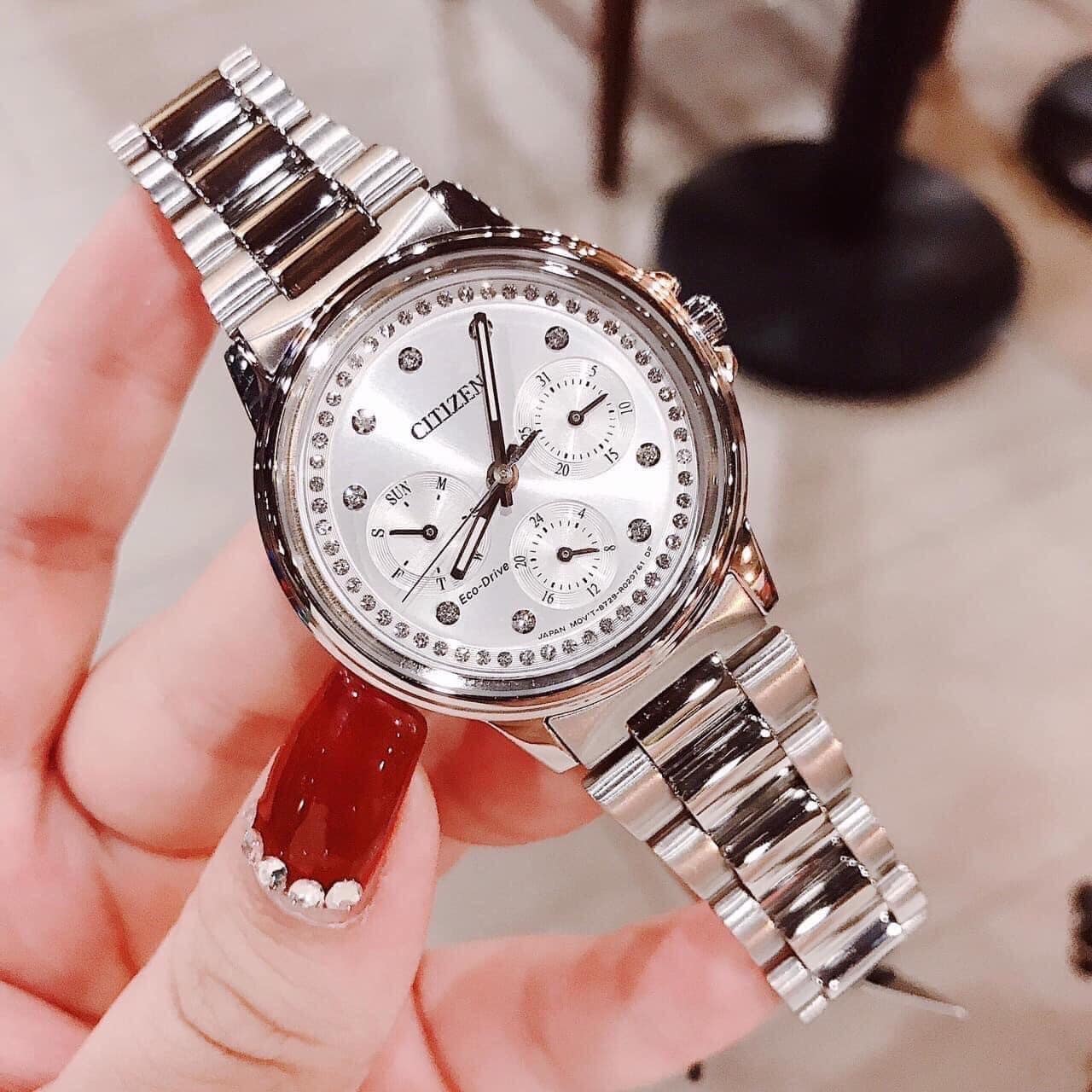 [HCM]Đồng hồ Nữ Citizen Eco Drive năng lượng ánh sáng kính cứng dây thép không gỉ size 36mm FD2040-57A