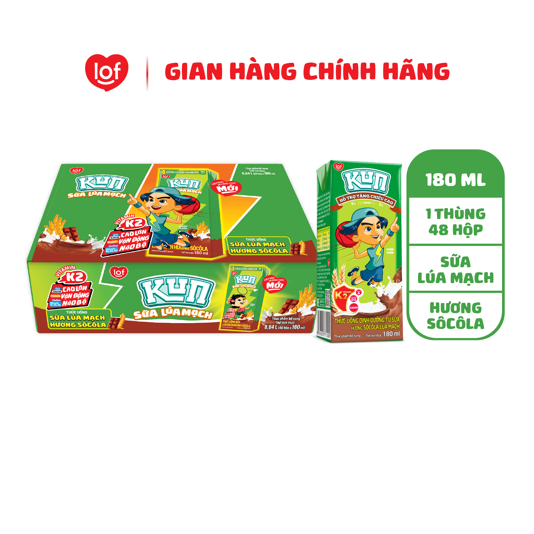 KUN TUDD từ sữa hương sôcôla lúa mạch thùng 48 hộp x 180ml