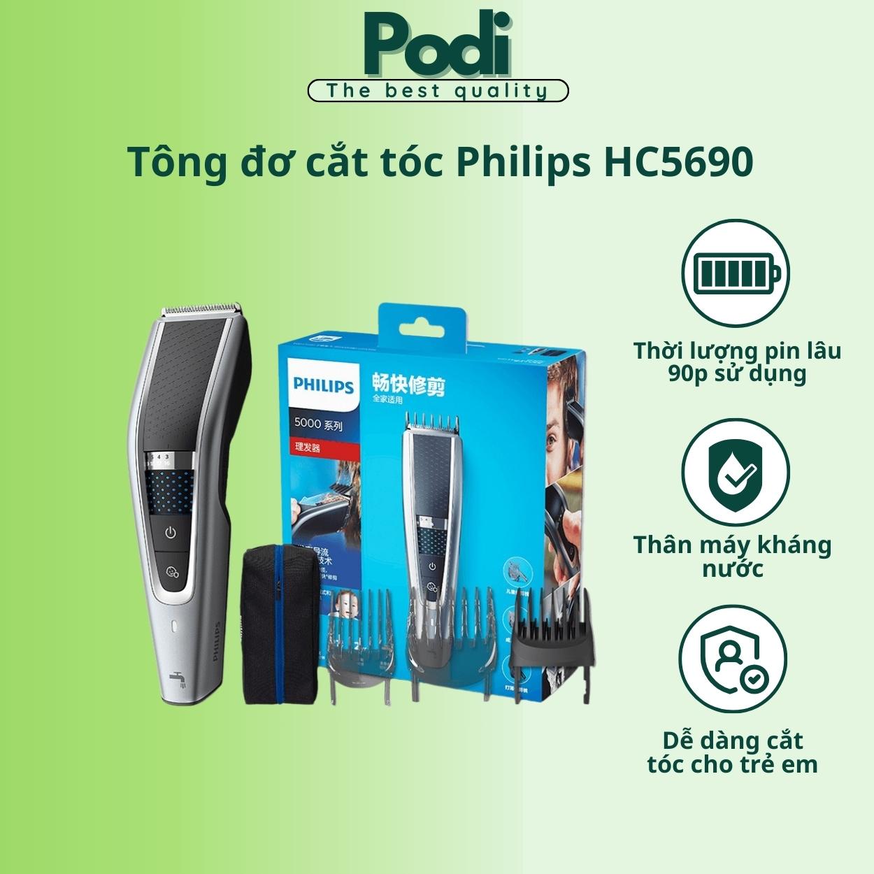 Tông đơ cắt tóc điện Philips không dây trẻ em và người lớn HC5690 /15 tích hợp 2 lưỡi cắt, kháng nước - Bảo hành 2 năm - Podi