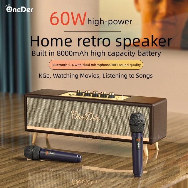 Loa Bluetooth 60W Kèm 2 Mic Karaoke chính hãng OneDer D8 , vỏ da,kiểu dáng cổ điển
