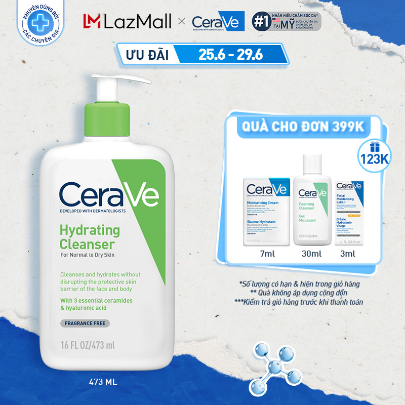 Sữa rửa mặt giúp làm sạch sâu và cấp ẩm dành cho da thường và da khô CeraVe Hydrating Cleanser 473ML
