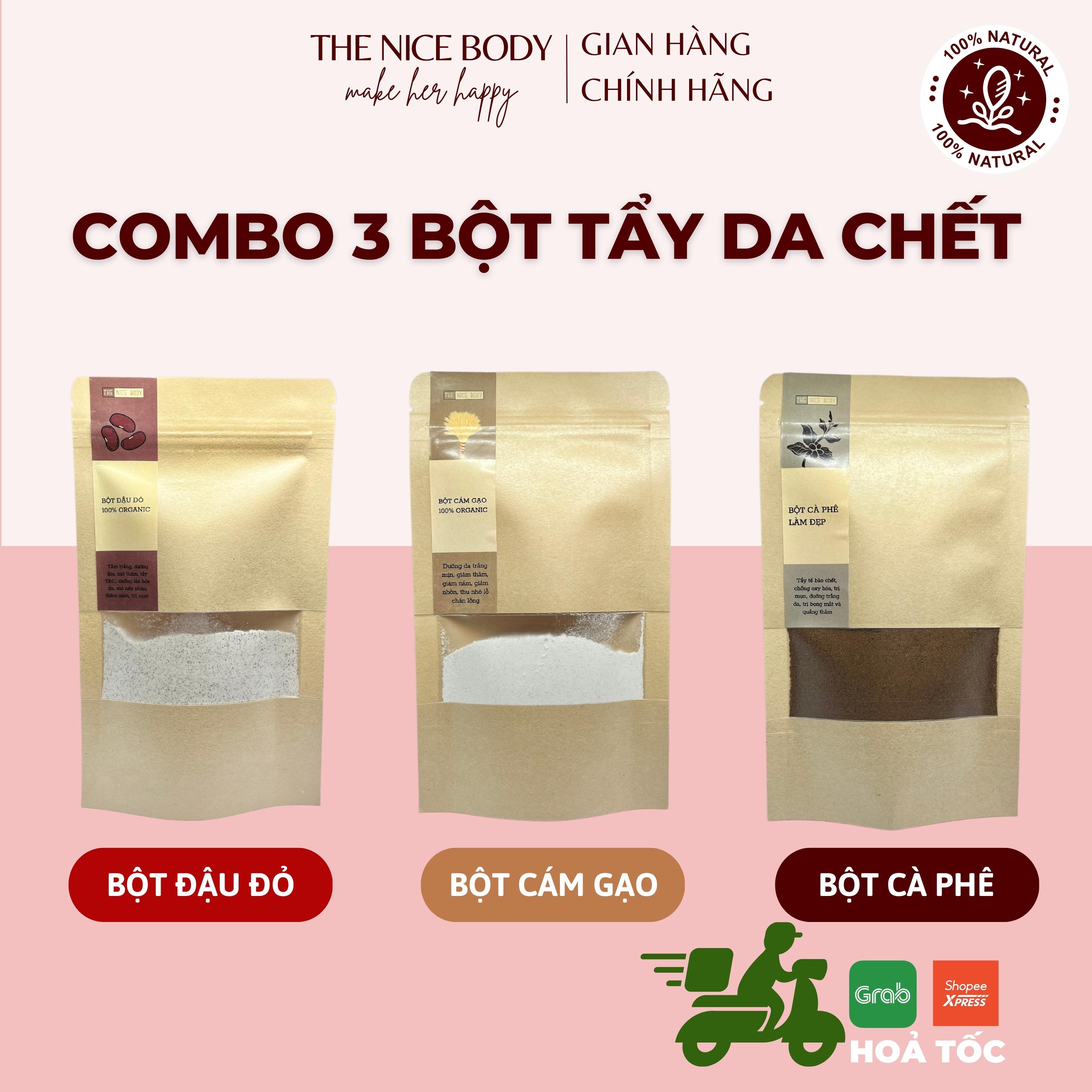 Combo 3 loại bột tẩy tế bào chết, bột đậu đỏ, bột cám gạo, bột cà phê nguyên chất, hữu cơ