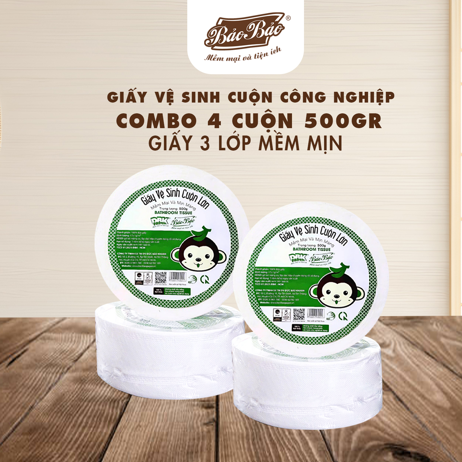 Combo 2 - 4 - 5 Rolls of Industrial Toilet Paper, Large Roll of 500g Bao Bao - Soft, Smooth, Dust-Free, Dissolves Quickly