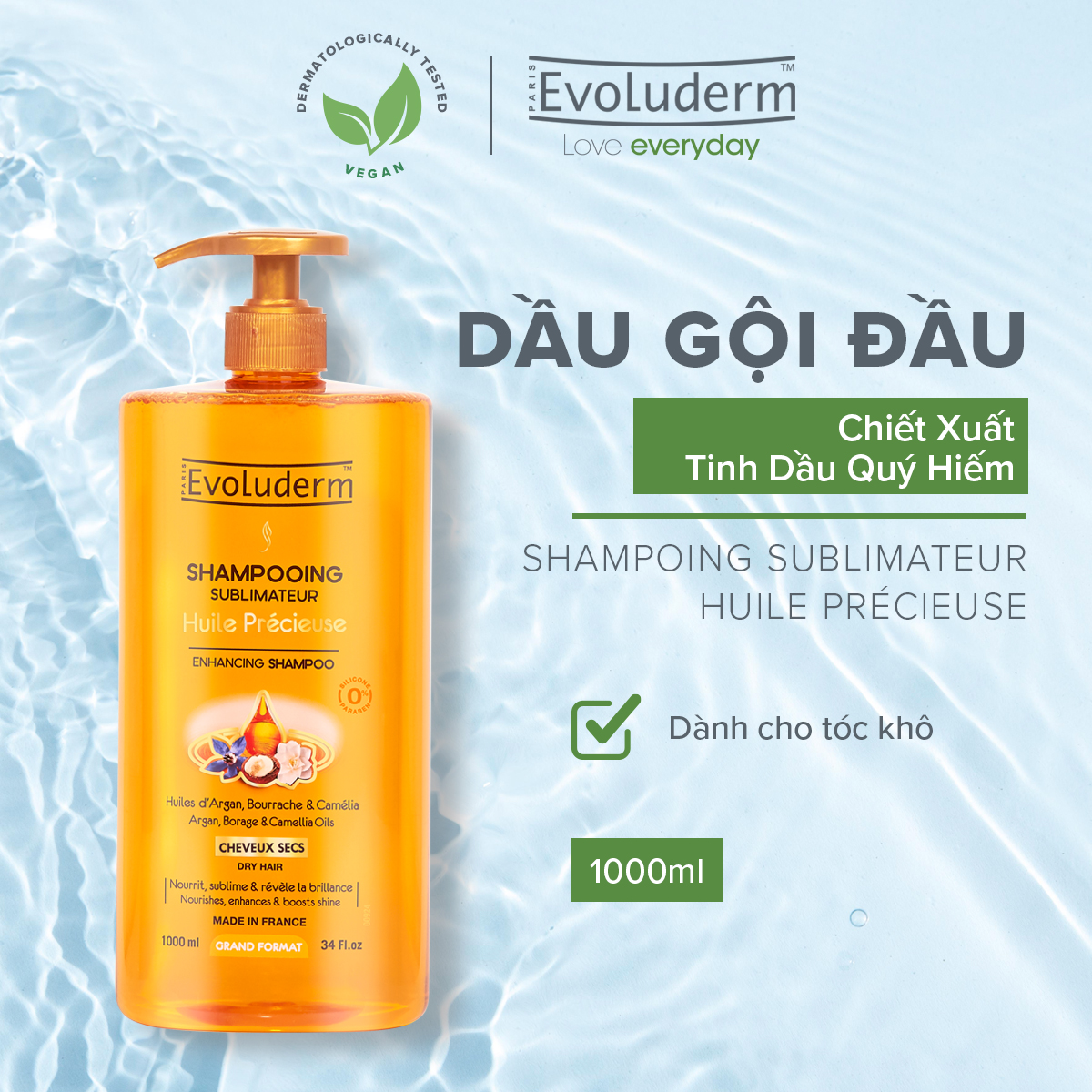 Dầu gội dành cho tóc Khô Evoluderm chiết xuất Tinh dầu quý hiếm – Tinh dầu Argan – Tinh dầu Hoa Lưu Ly – Tinh dầu Hoa Trà Evoluderm Shampoing Sublimateur Huile Précieuse 1000ml