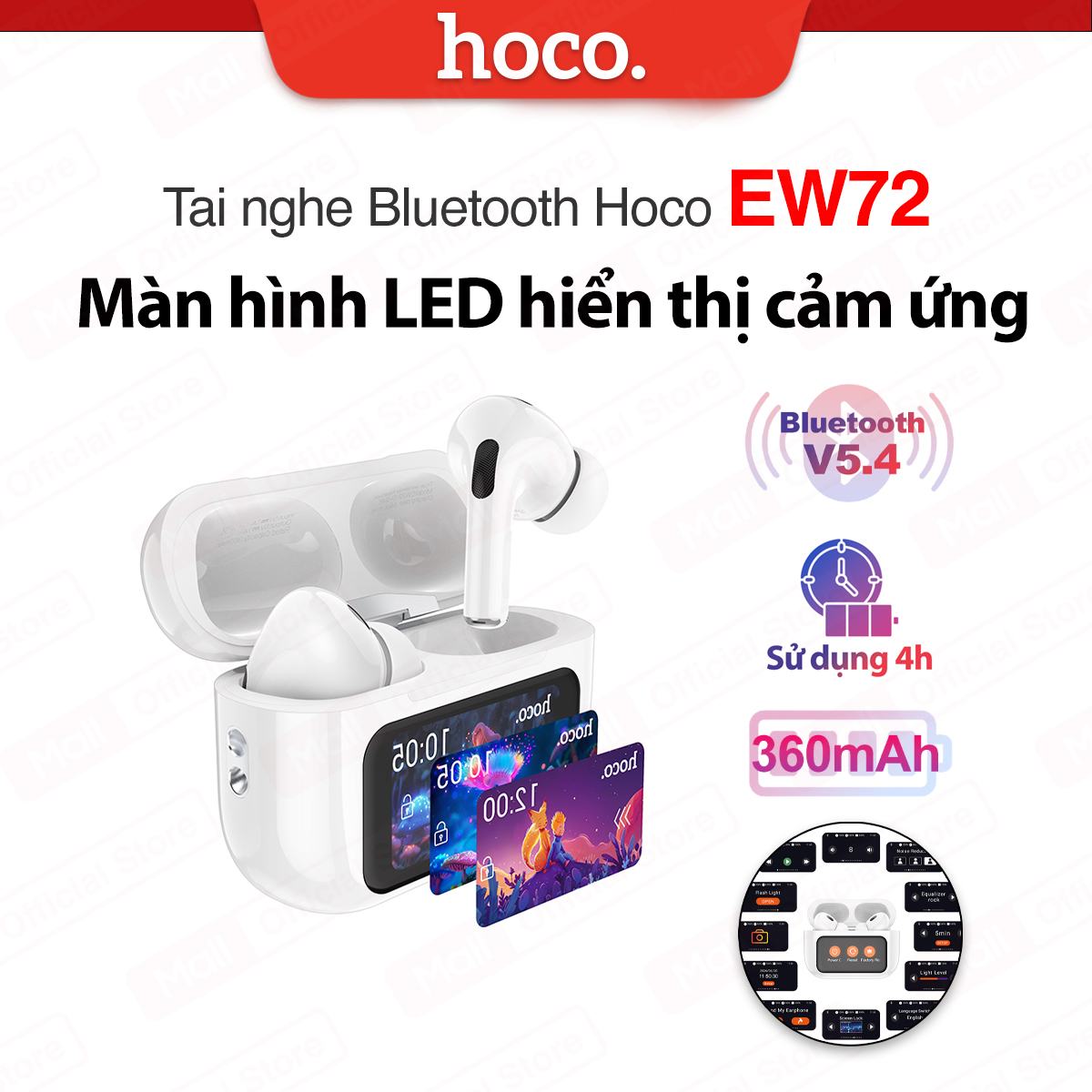 Tai nghe bluetooth V5.4 Hoco EW72 hỗ trợ màn hình LED hiển thị cảm ứng, dung lượng pin 360mAh,công nghệ chống ồn ANC