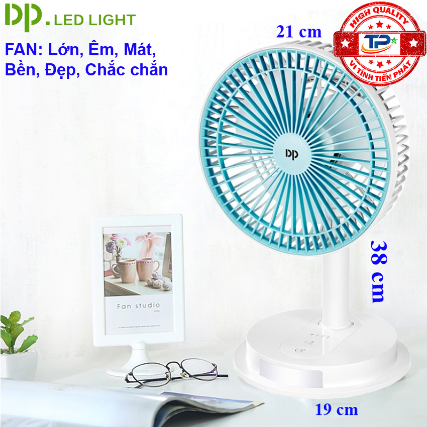 Quạt sạc tích điện DP DP-7627 tích hợp đèn LED chiếu sáng - loại quạt lớn gió rất mạnh (xanh)