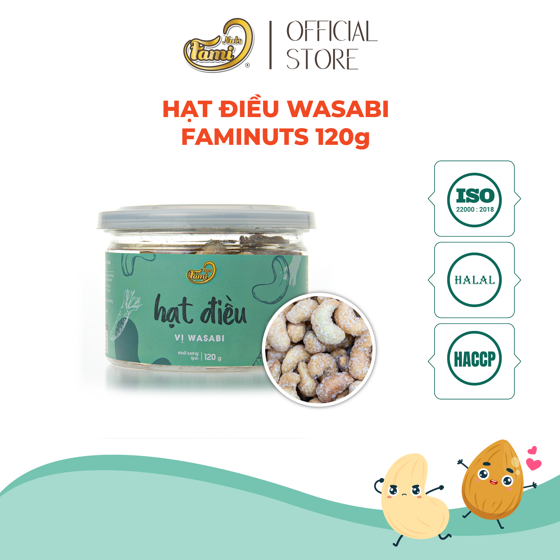 Hạt điều A Cồ vị wasabi Bình Phước Faminuts hũ 120 gr
