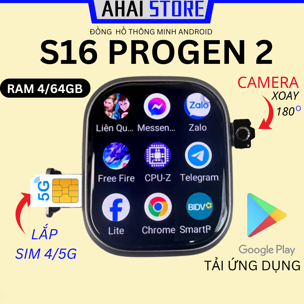  Đồng hồ S16 PROGEN2 Ram 2 32GB lắp sim nghe gọi độc lập camera xoay 180 độ tải ứng dụng chơi game AHAI STORE 