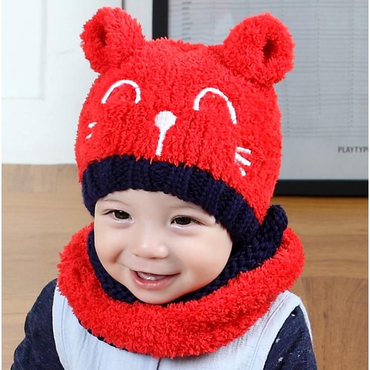 Nón mũ len cho bé tai gấu kèm khăn ấm dễ thương