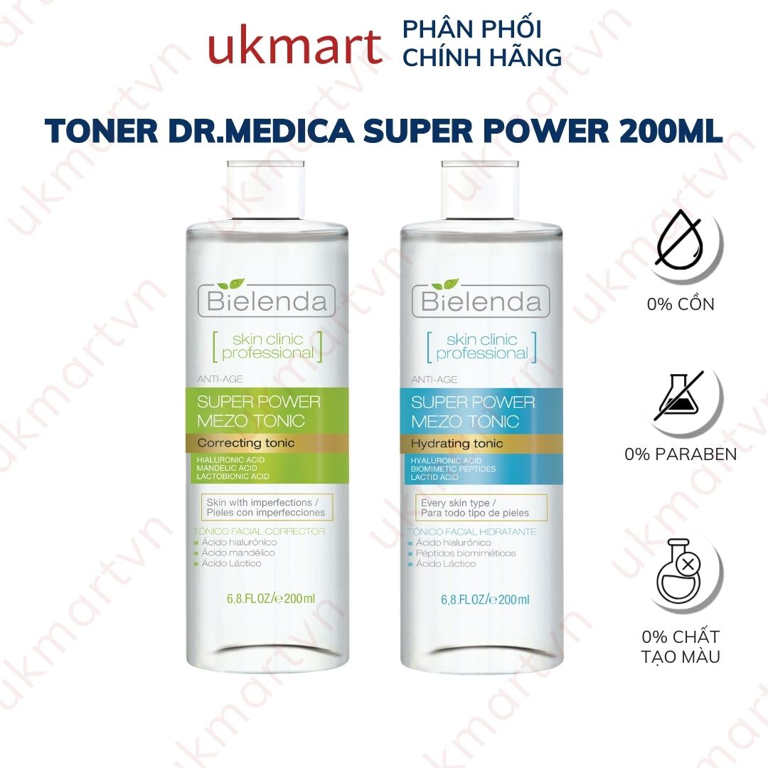 Nước hoa hồng Bielenda Super Power Mezo Correcting Toner Căng Bóng, Mờ Thâm, Moisturizing Dưỡng Ẩm, Cấp Nước 200ml