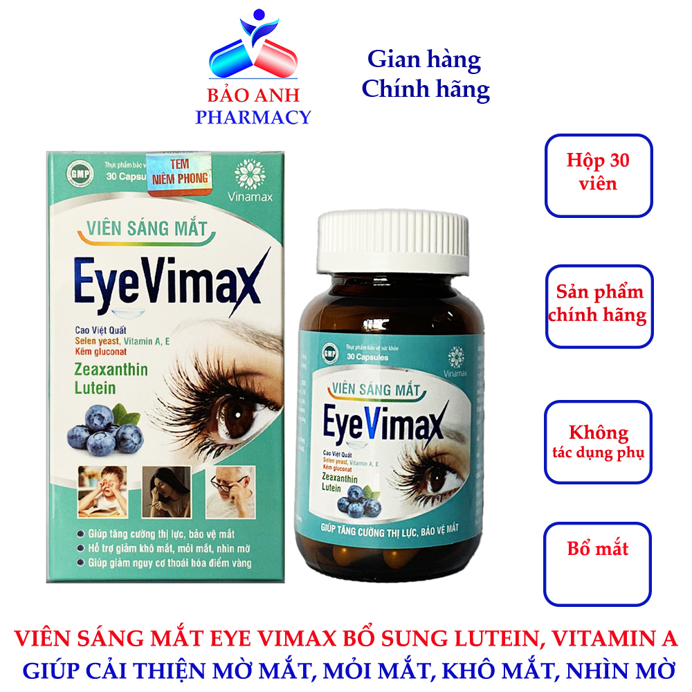 Viên sáng mắt eye vimax bổ sung cao việt quất, lutein, vitamin a giúp dưỡng mắt, giảm khô mắt, nhìn mờ - hộp 30 viên
