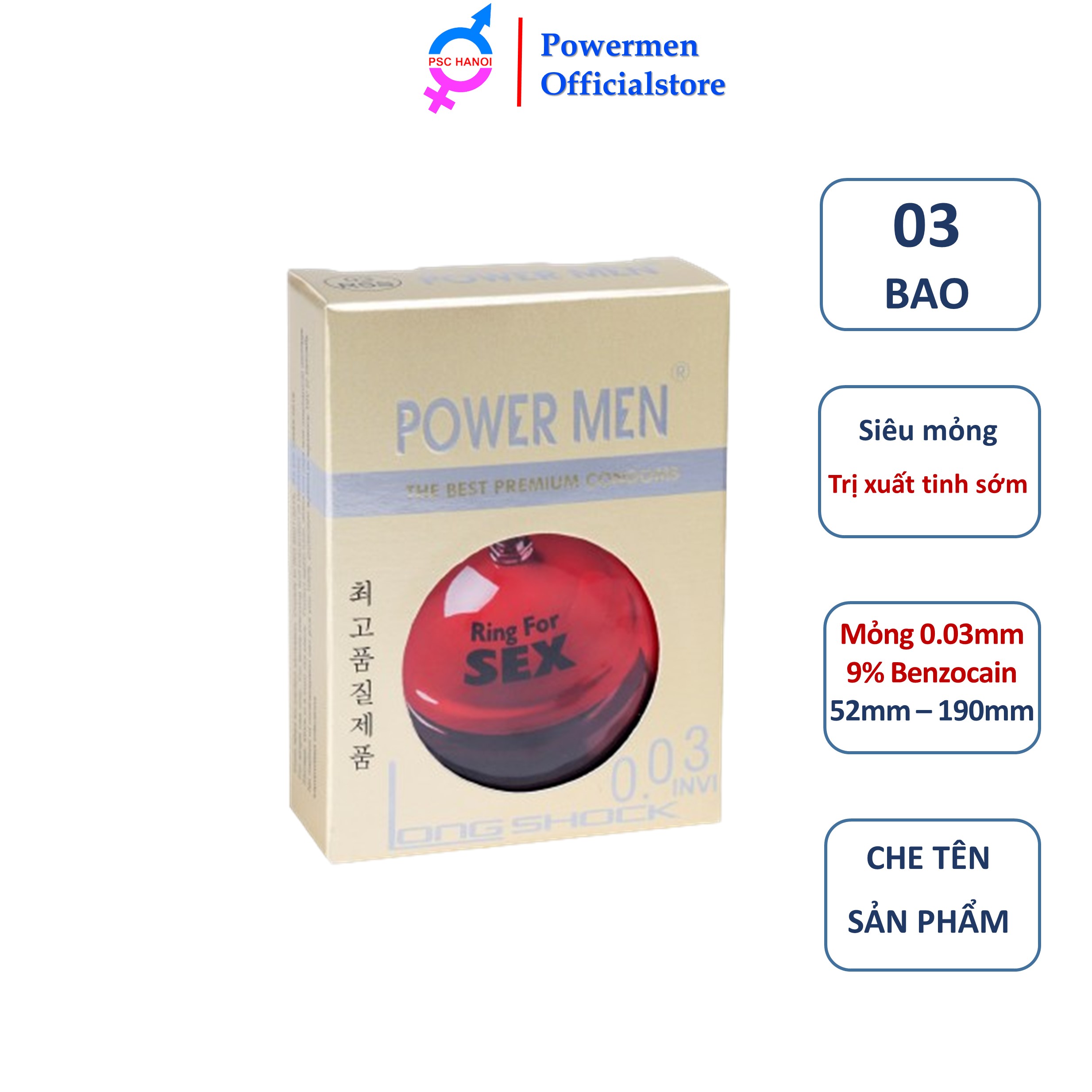 Bao cao su POWER MEN 0.03 INVI LONG SHOCK siêu mỏng chứa 9% benzocain hộp 03 bcs