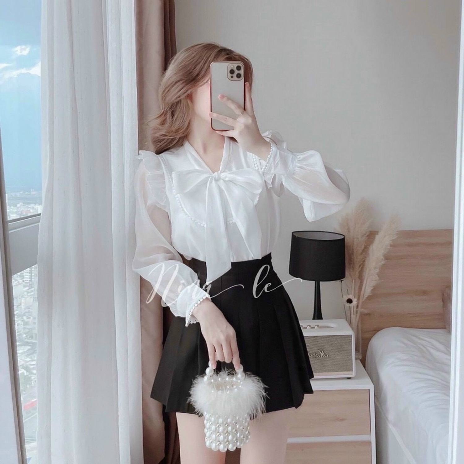 Áo sơ mi nữ cổ nơ vai bèo