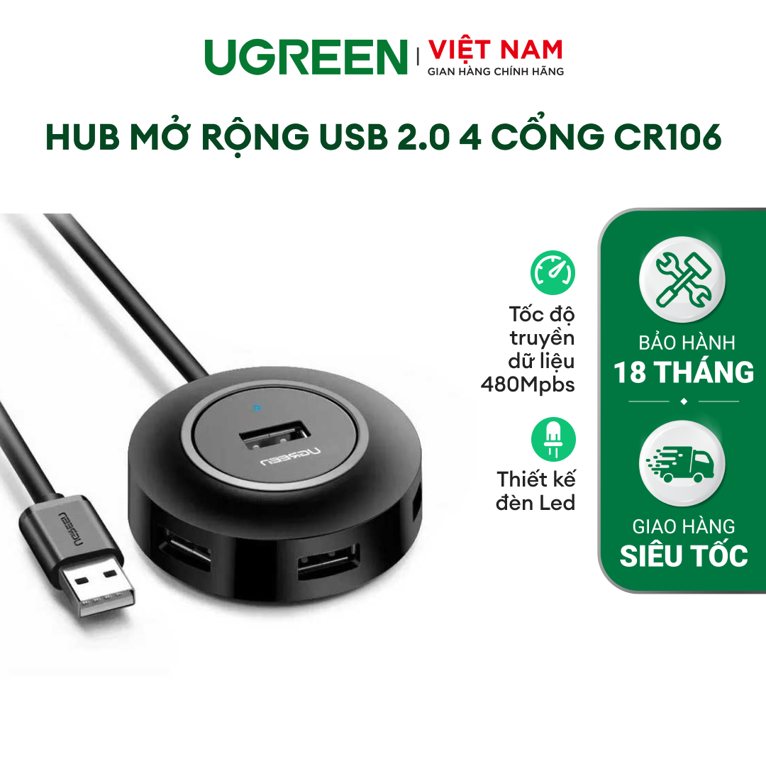 Hub mở rộng ugreen cr106 | chia cổng usb 2.0 sang 4 cổng usb 2.0 | cáp 25cm | hỗ trợ cổng nguồn micro usb | bảo hành 18 tháng 1 đổi 1 | 50261.