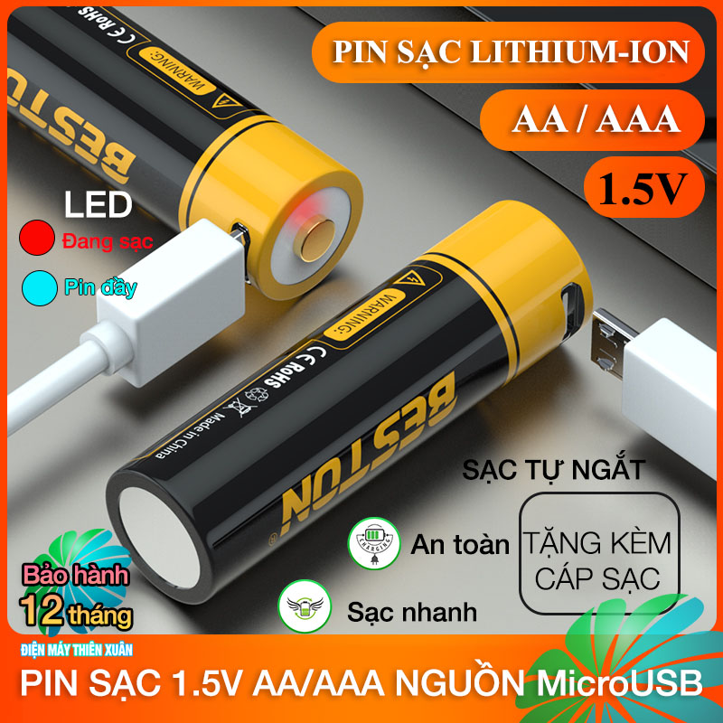 Pin sạc AA AAA 1.5V Beston Lithium-ion (Vỉ 02 Pin) USB dung lượng lớn đến 3500mWh cho Micro karaoke, máy đo huyết áp, máy đo SPO2, đo nhịp tim, đồ chơi trẻ em, đồng hồ, remote điều khiển (Tặng kèm cáp sạc)