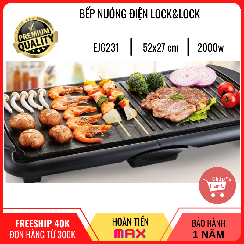 Bếp nướng điện lock&lock electric grill ejg231/232 - công suất lớn 2000w – mặt bếp đá chống dính, thoát dầu – 5 mức nhiệt - cao cấp hơn các sản phẩm cùng loại - bảo hành 12 tháng