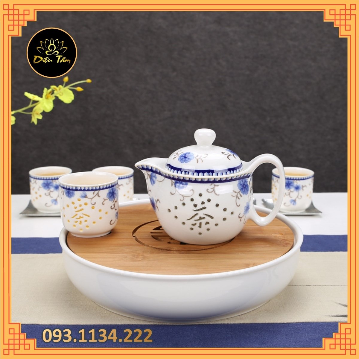 Bộ ấm chén trà gốm sứ hoa gấm vẽ tay sang trọng độc đáo