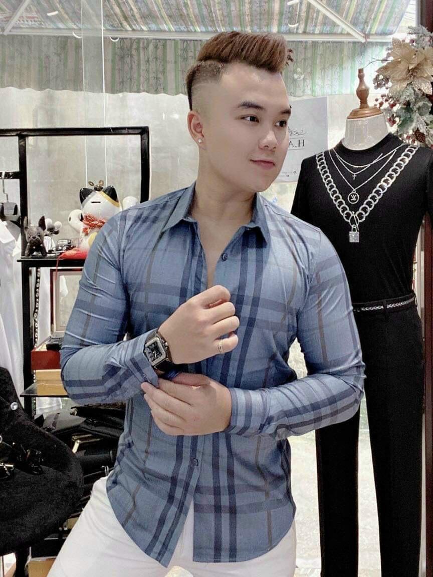 Áo sơ mi nam sọc caro 3D cao cấp from dáng Hàn Quốc tay dài tạo body đẹp