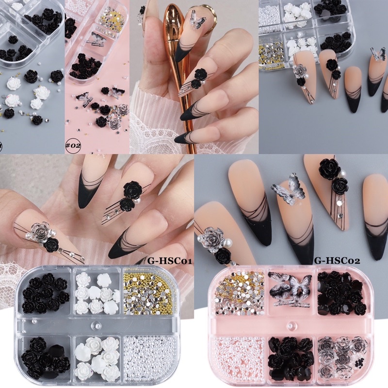 Cham hoa hồng khay 6 ngăn mix đá ngọc trang trí móng mẫu mới siêu đẹp HOT