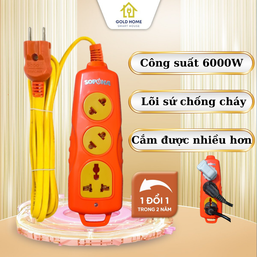Ổ cắm điện chịu tải SOPOKA 6000W mới, ổ cắm xéo tận dụng tối đa không gian cắm, ổ điện lõi sứ chống cháy BH 2 năm 1 đổi 1