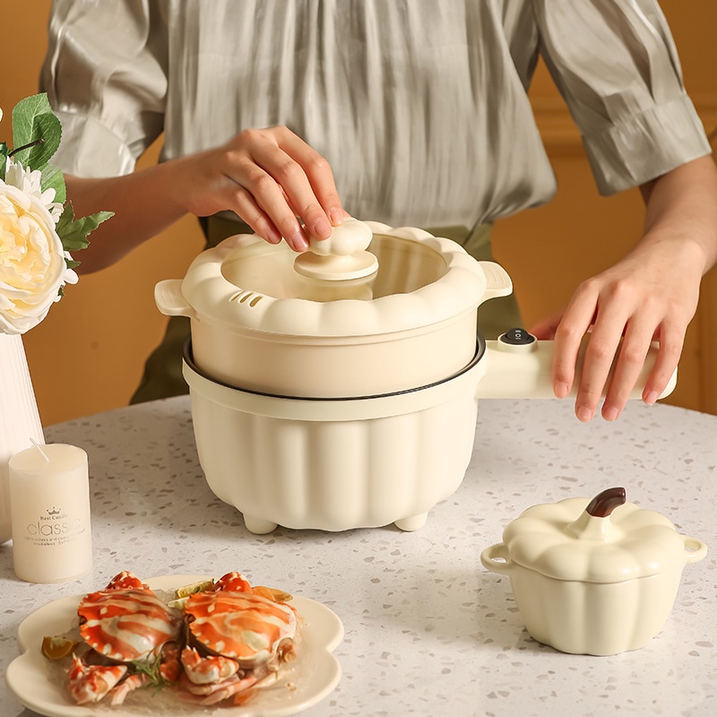 Nồi lẩu điện bí ngô mini chống dính kèm khay hấp, nồi nấu đa năng nhanh gọn nhẹ