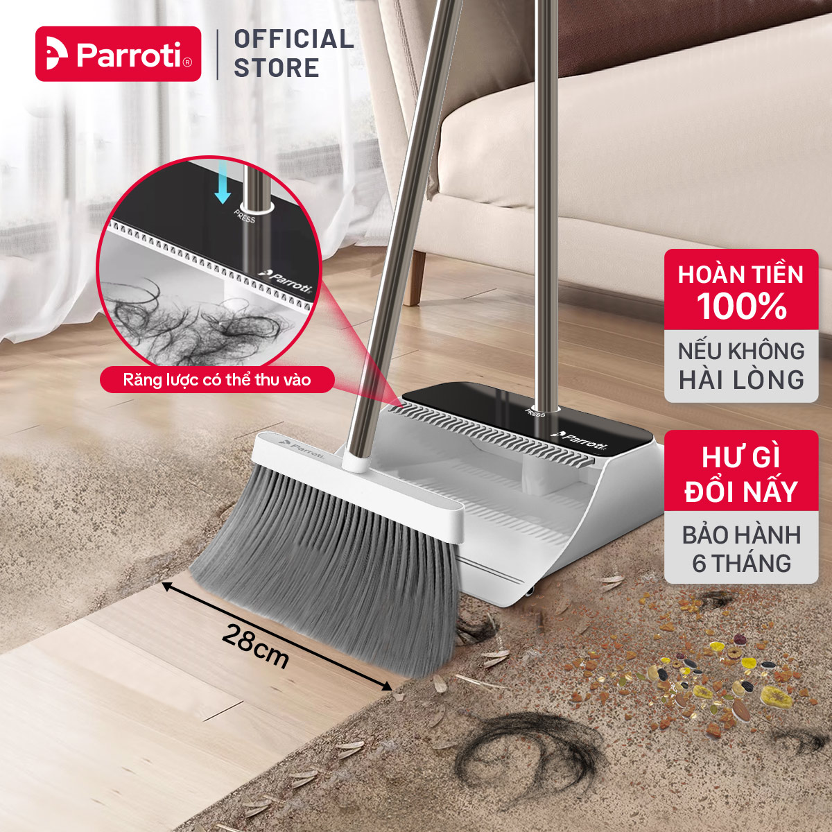 Chổi Quét Nhà Thông Minh Gấp Gọn, Kèm Hót Rác Lấy Được Tóc Dễ Dàng Parroti Broom - BM01