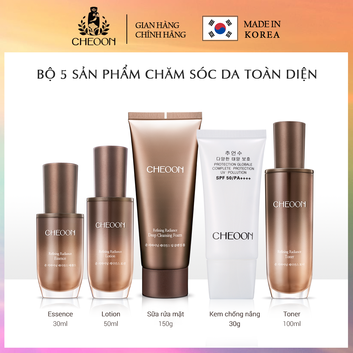 (CREAM THAY BẰNG KEM CHỐNG NẮNG)Bộ Dưỡng Da Toàn Diện Dưỡng Ẩm, Sáng Da, Xóa Nếp Nhăn Chống Lão Hóa Chiết Xuất Nấm Linh Chi Hàn Quốc CHEOON- Refining Radiance Full Kit (Sữa rửa mặt 150g+Tinh chất cân bằng da 100ml+Tinh c