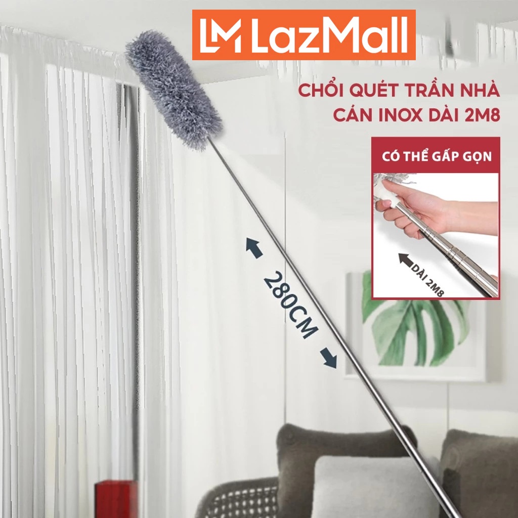 Lazmall USA Chổi Quét Mạng Nhện Trần Nhà Bằng Sợi Cán Dài Xếp Gọn 2m8, Chổi Quét Bụi Đa Năng Rút Xoay 360 Độ, Vệ Sinh, Điều Chỉnh Đơn Giản