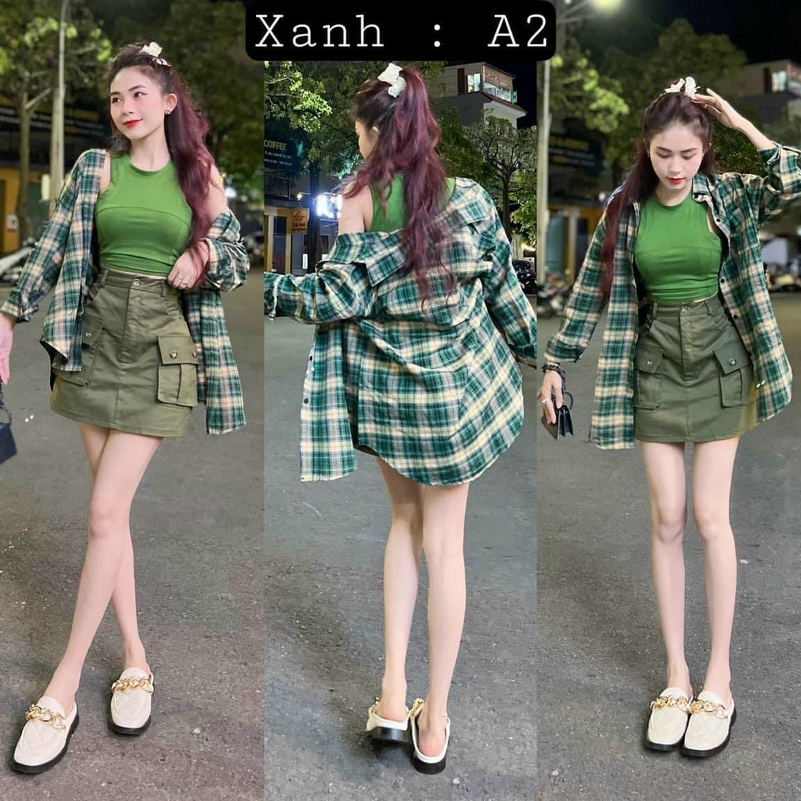 Sét 3 món áo khoác caro kèm lót & chân váy có túi kiểu dáng cực xinh
