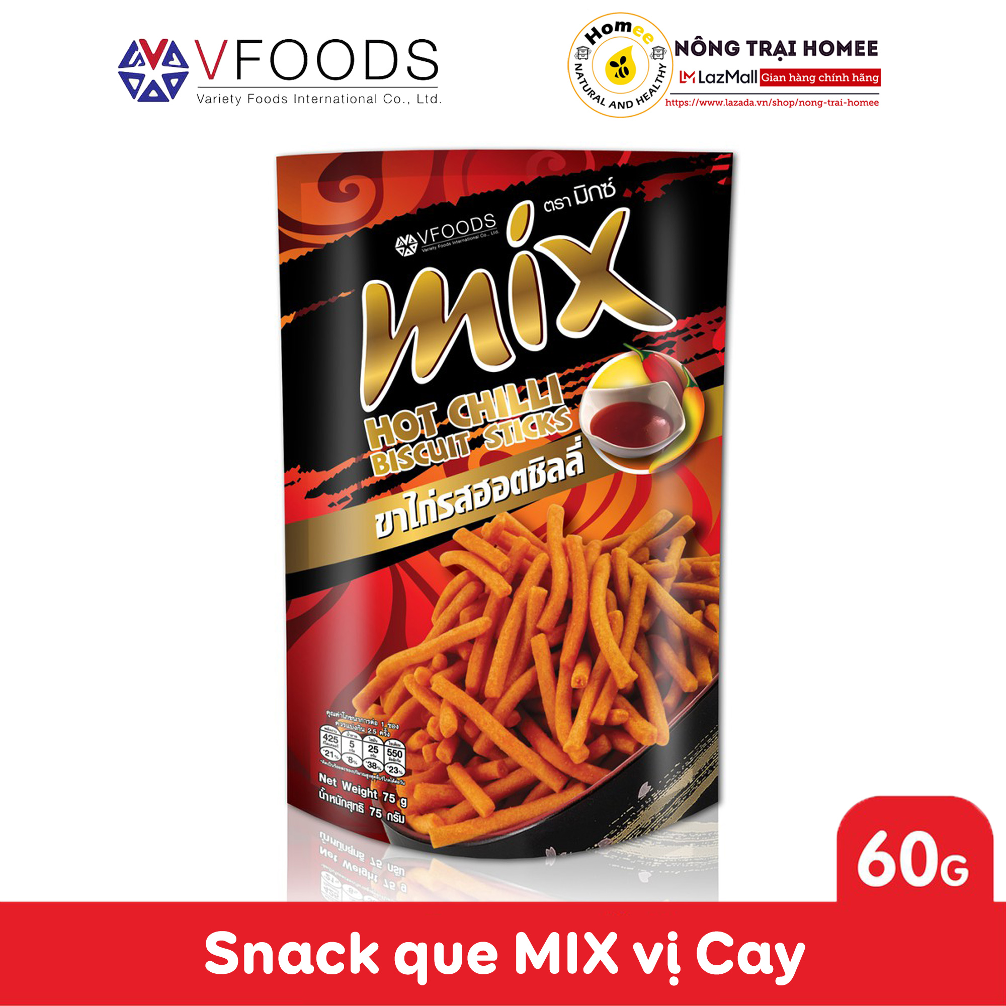 Bánh Snack que cọng nhập khẩu Thái Lan MIX VFOODS 60g | Vị Ớt Cay | NÔNG TRẠI HOMEE