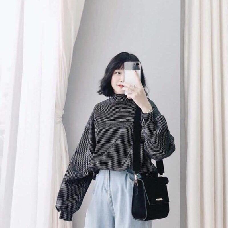 Áo nỉ kẻ cổ lọ tay bom ht12