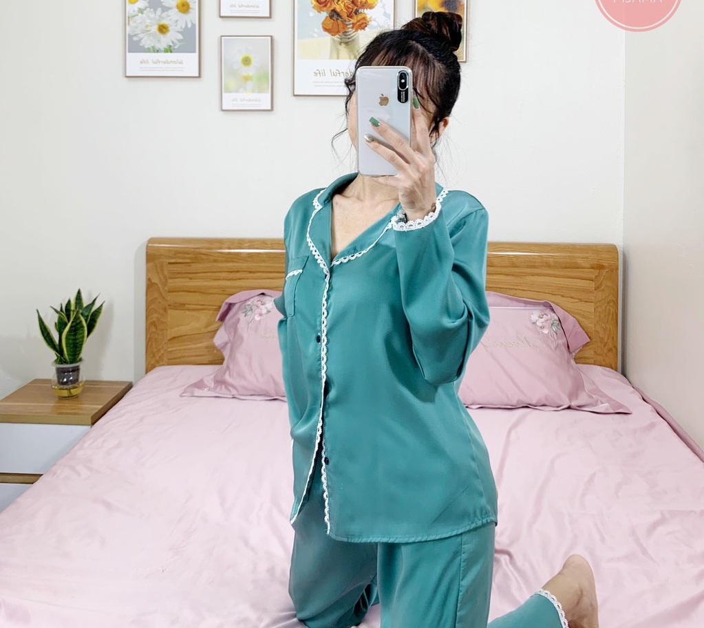 Set bộ lụa satin viền ren, áo dài tay quần dài kiểu dáng tiểu thư, sang trọng, cao cấp vải mềm mịn.