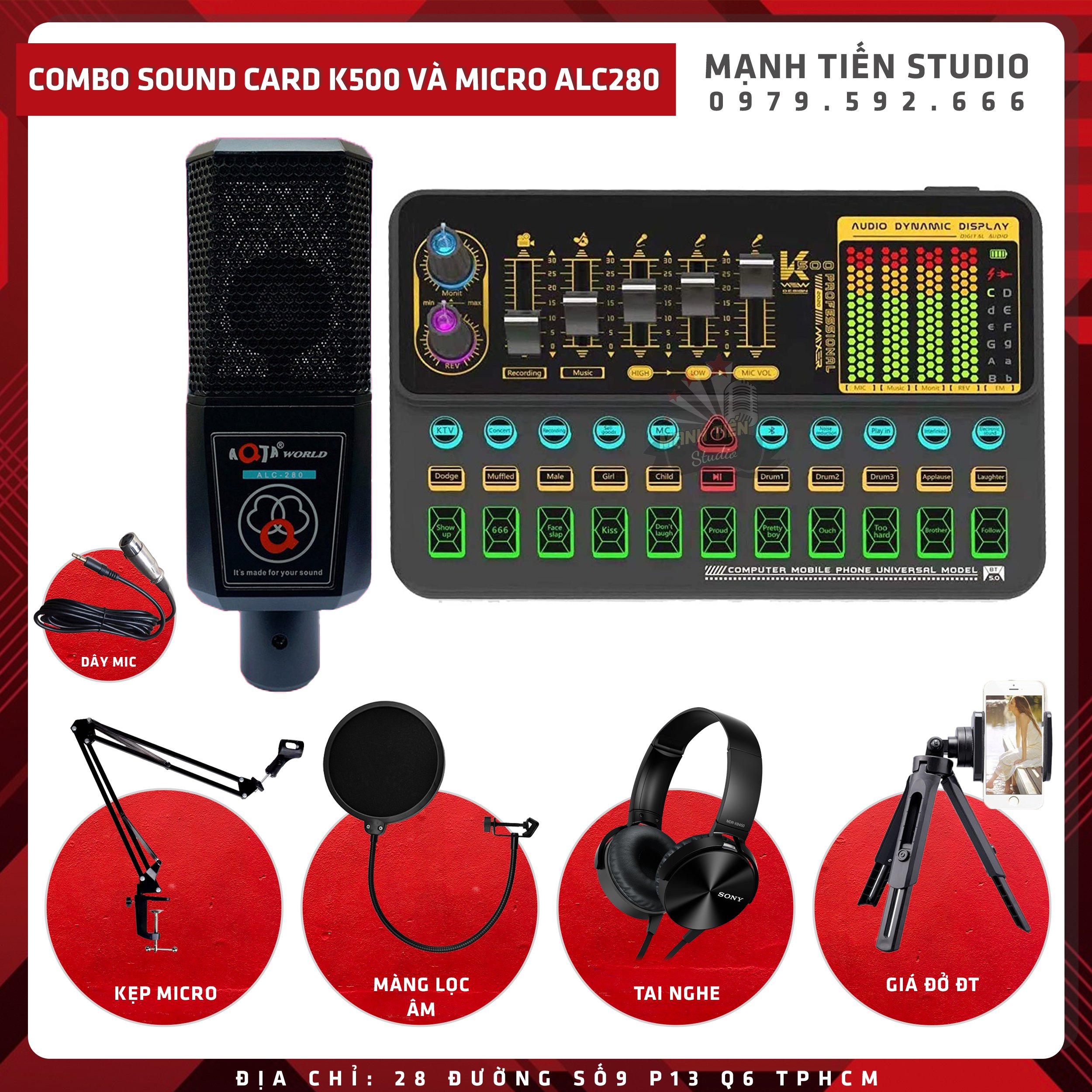 Combo Sound Card K500 Và Micro ALC280 Kèm full phụ kiện thu âm karaoke livestream tặng full phụ kiện kết nối cao cấp, kẹp micro,màng lọc âm thanh, tai nghe chụp tai, giá đỡ điện thoại bảo hành 12 tháng