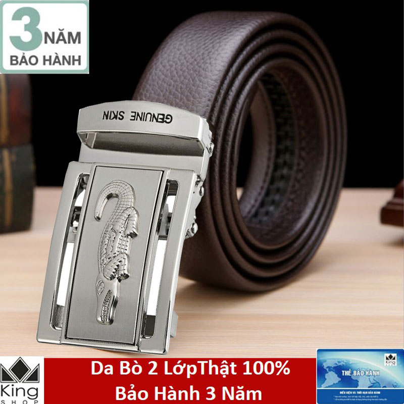 Thắt lưng dây nịt nam da bò 2 lớp 100%khóa tự động mặt cá sấu trắng bạc - đồ da kingshop