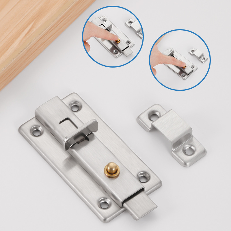 Chốt khóa cửa trượt k10 - then cửa bằng inox, full ốc vít, bản lề then chốt gài khoá cửa có nút bấm-013