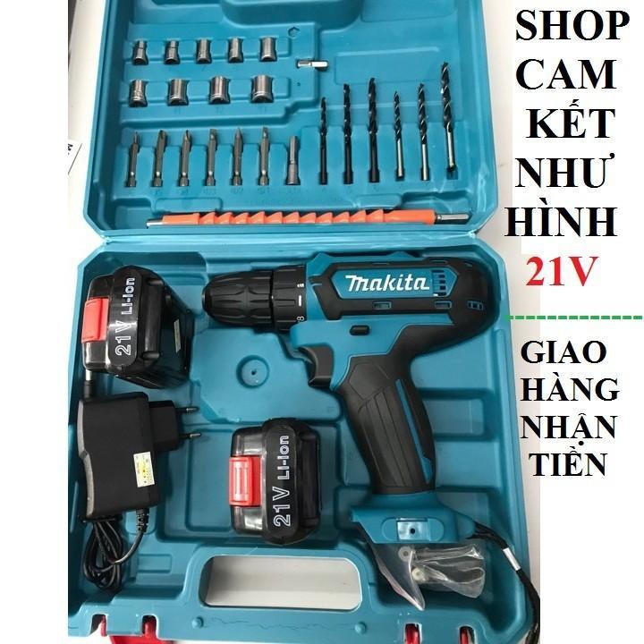 Máy khoan Pin MAKITA 21V + 2 PIN + Phụ kiện mũi khoan ( XANH )