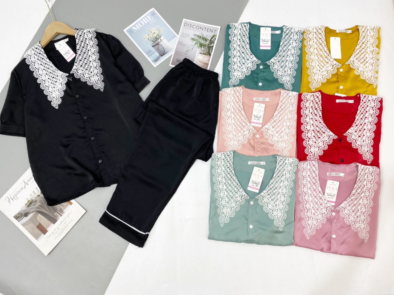 Pijama lụa cộc dài chất lụa tằm thái cao cấp♥️Freeship♥️mềm mịn thoáng mát♥️cổ phối ren sợi bao đẹp, sang♥️♥️♥️