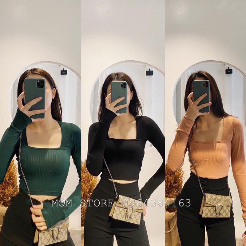 Áo Croptop Cổ Vuông Xỏ Ngón Thun Gân Xịn Ko Xù Lông Hh.vintage
