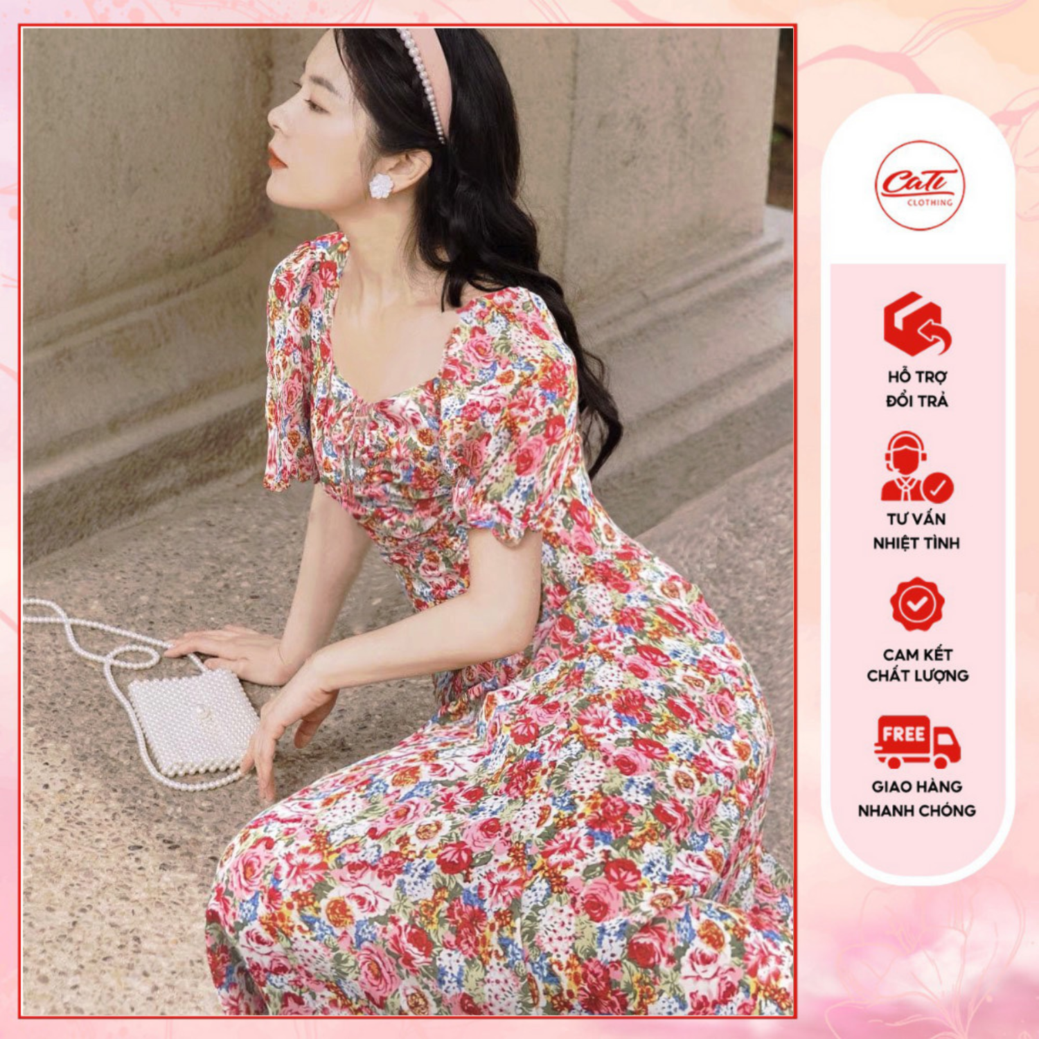 CATI Đầm hoa chiết ly ngực tay bo chun