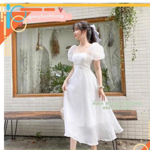Váy trắng dự tiệc tiểu thư tay phồng cổ vuông, Váy công chúa trắng tay bồng có đệm ngực - Xưởng May Hạnh Hồng