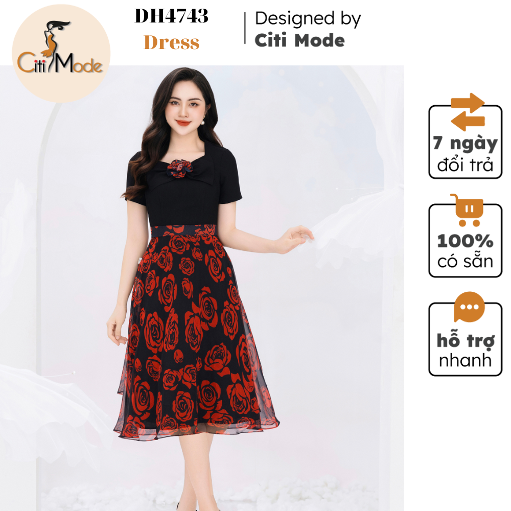Đầm công sở citi mode fashion thiết kế dáng xoè đen phối hoa cổ tròn đính nơ dh4743