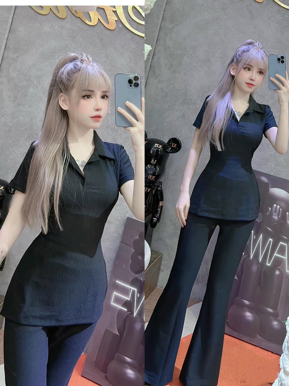 Sét đồ quần ống loe áo polo xẻ hông siêu sang chảnh