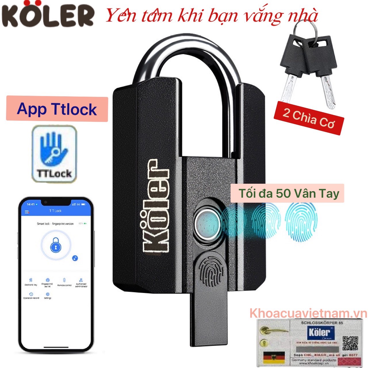 Khóa bấm vân tay. khóa hiệu koler. mở khóa bằng app, vân tay và chìa cơ.